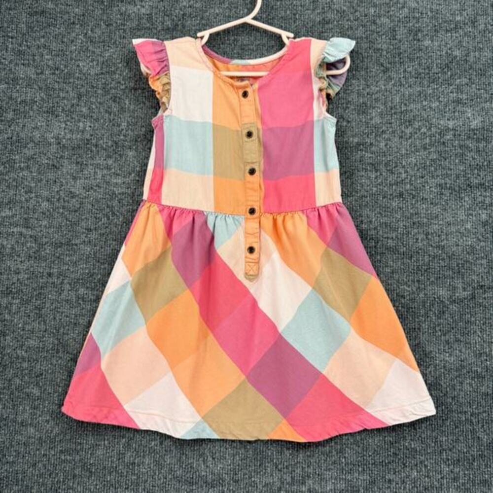 Carters Girls Plaid Flutter Sleeve Dress Size 4T Pink Blue Cotton Viscose Ruffle